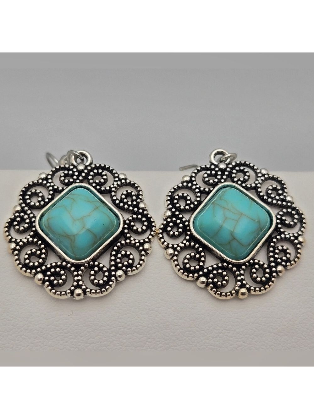 Turquoise & Silver-Tone Dangle Earrings Western Boho Style